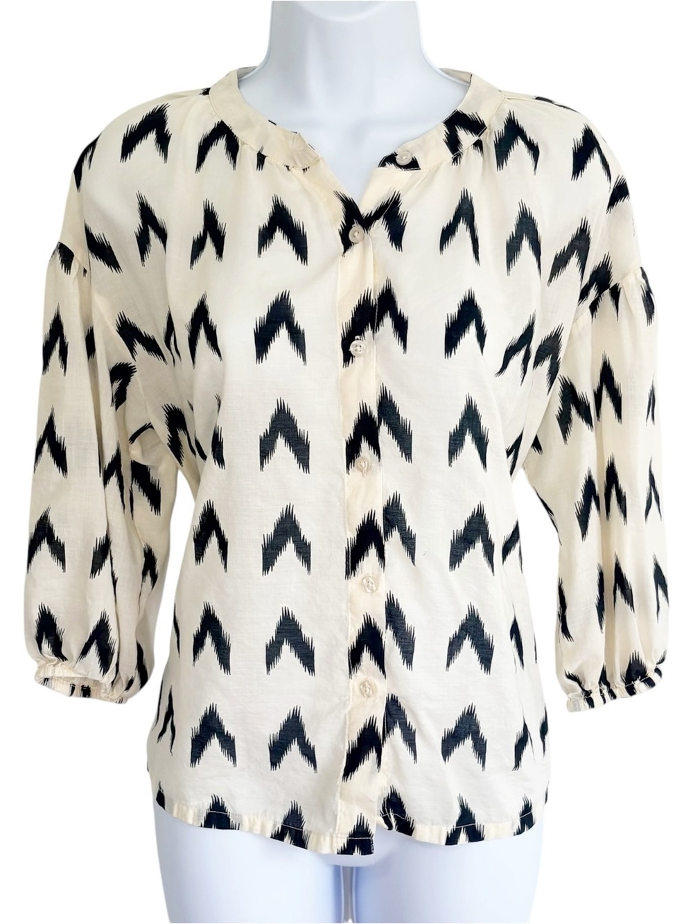 ELIE TAHARI Cream Black Abstract Print Button Front Blouse 3/4 Sleeve S